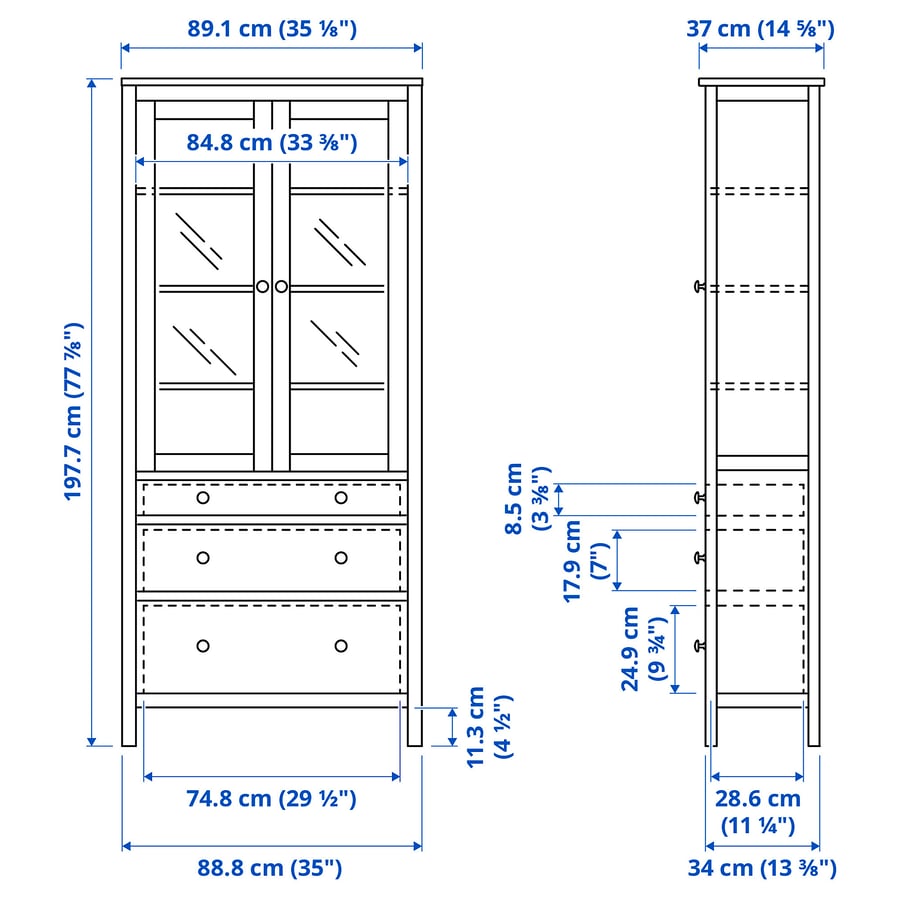 HEMNES Glass-door cabinet with 3 drawers, grey-green, 90x197 cm