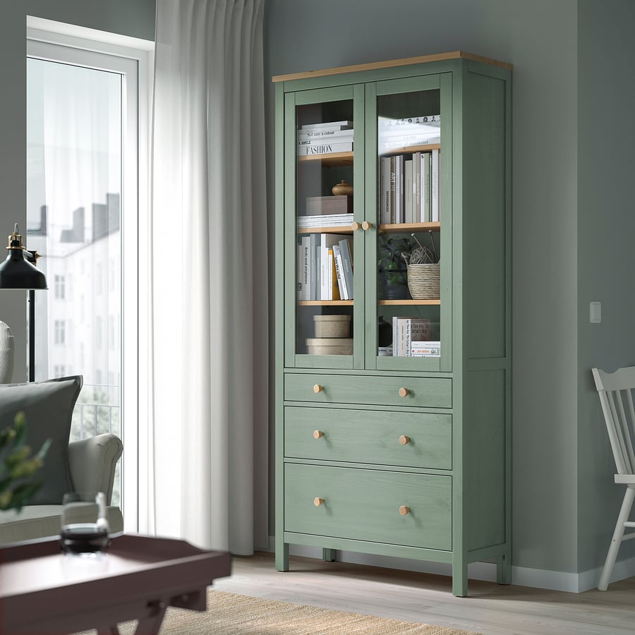 HEMNES Glass-door cabinet with 3 drawers, grey-green, 90x197 cm