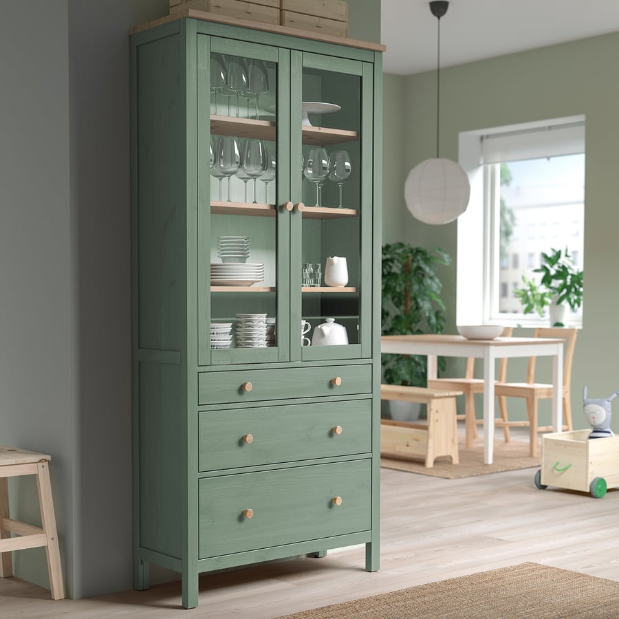 HEMNES Glass-door cabinet with 3 drawers, grey-green, 90x197 cm