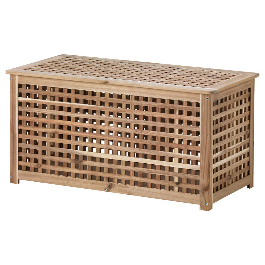 Wooden storage bench with lattice design on a white background
