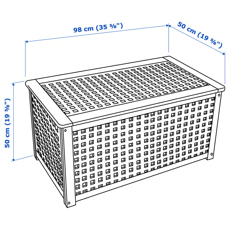 Dimensions of a rectangular metal storage box with grid pattern on a white background