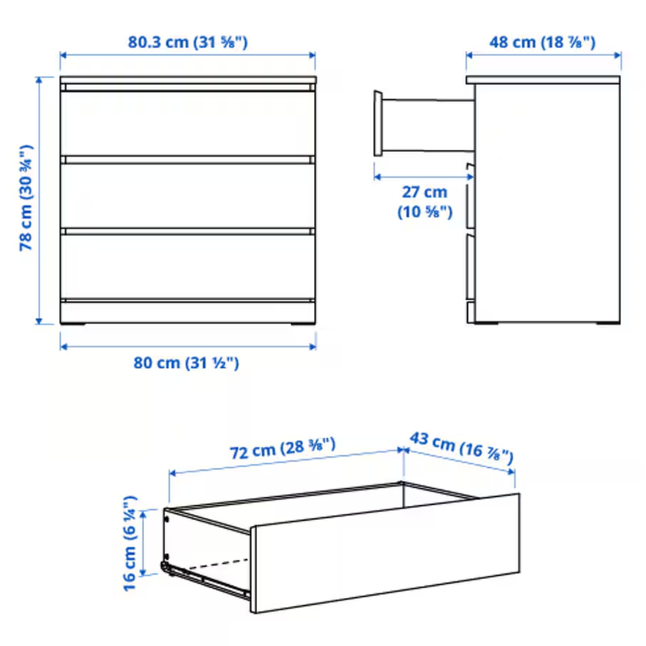 Detailed measurements of oak 3 drawer chest
