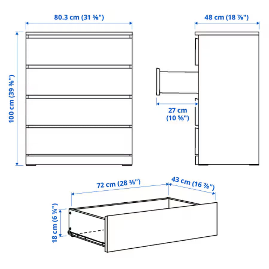 A black-brown MALM chest of 4 drawers, with dimensions labeled, placed against a white background.