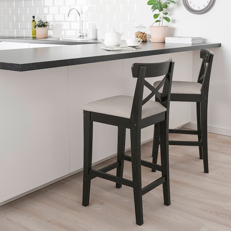 INGOLF Bar stool with backrest, brown-black/Nolhaga grey-beige, 65 cm