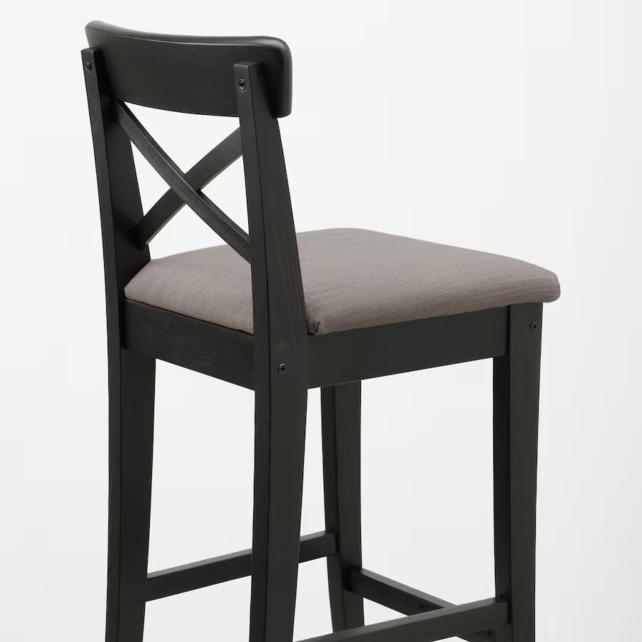 INGOLF Bar stool with backrest, brown-black/Nolhaga grey-beige, 65 cm