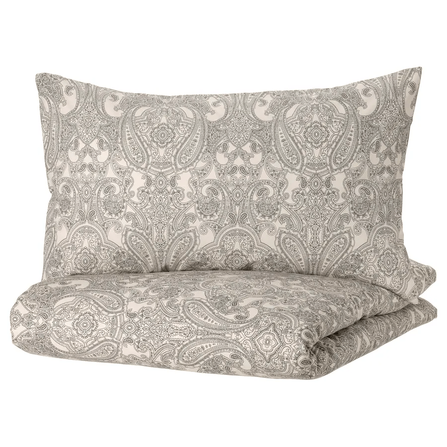 JATTEVALLMO Duvet cover and pillowcase, beige/dark grey, 150x200/50x80 cm