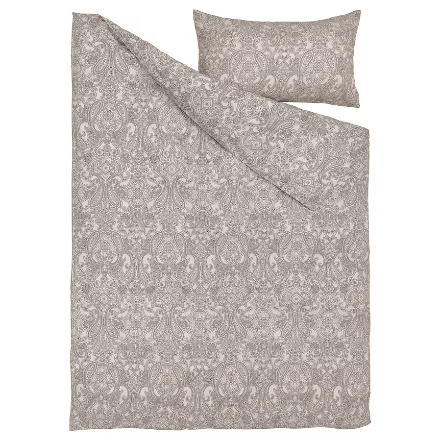 JATTEVALLMO Duvet cover and pillowcase, beige/dark grey, 150x200/50x80 cm