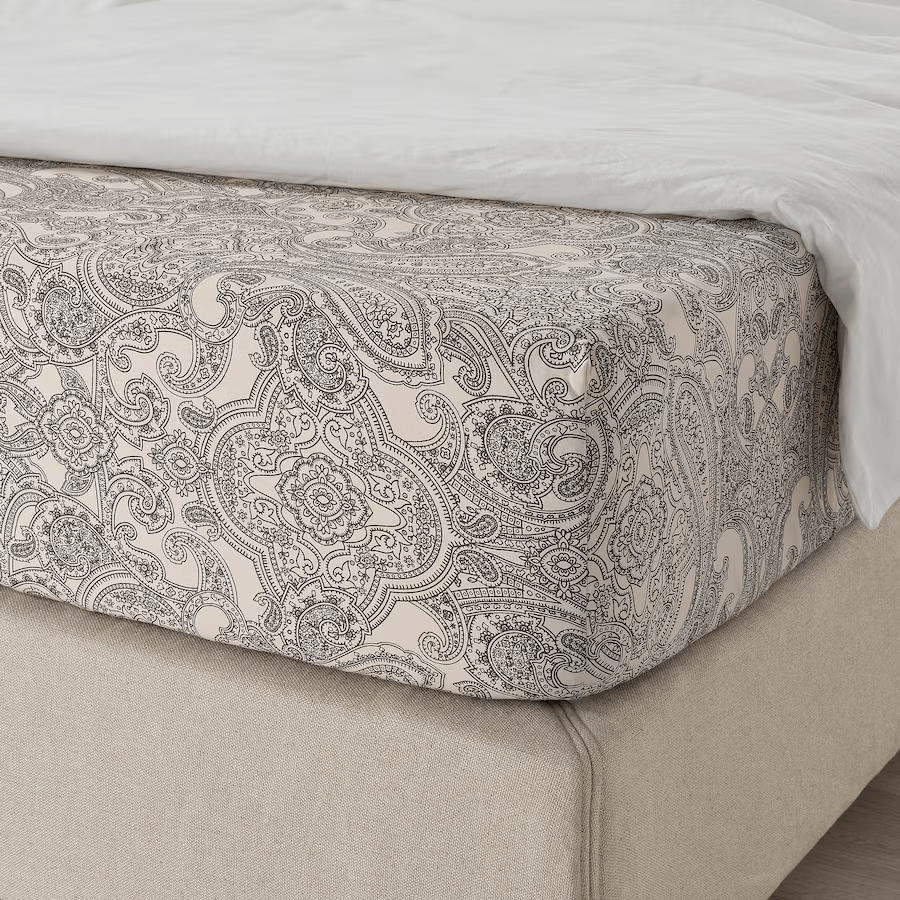 JATTEVALLMO Fitted sheet, beige/dark grey, 180x200 cm KING