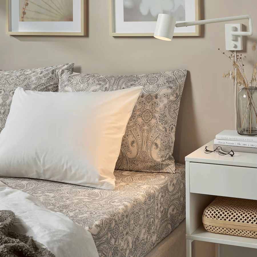 JATTEVALLMO Fitted sheet, beige/dark grey, 90x200 cm SINGLE