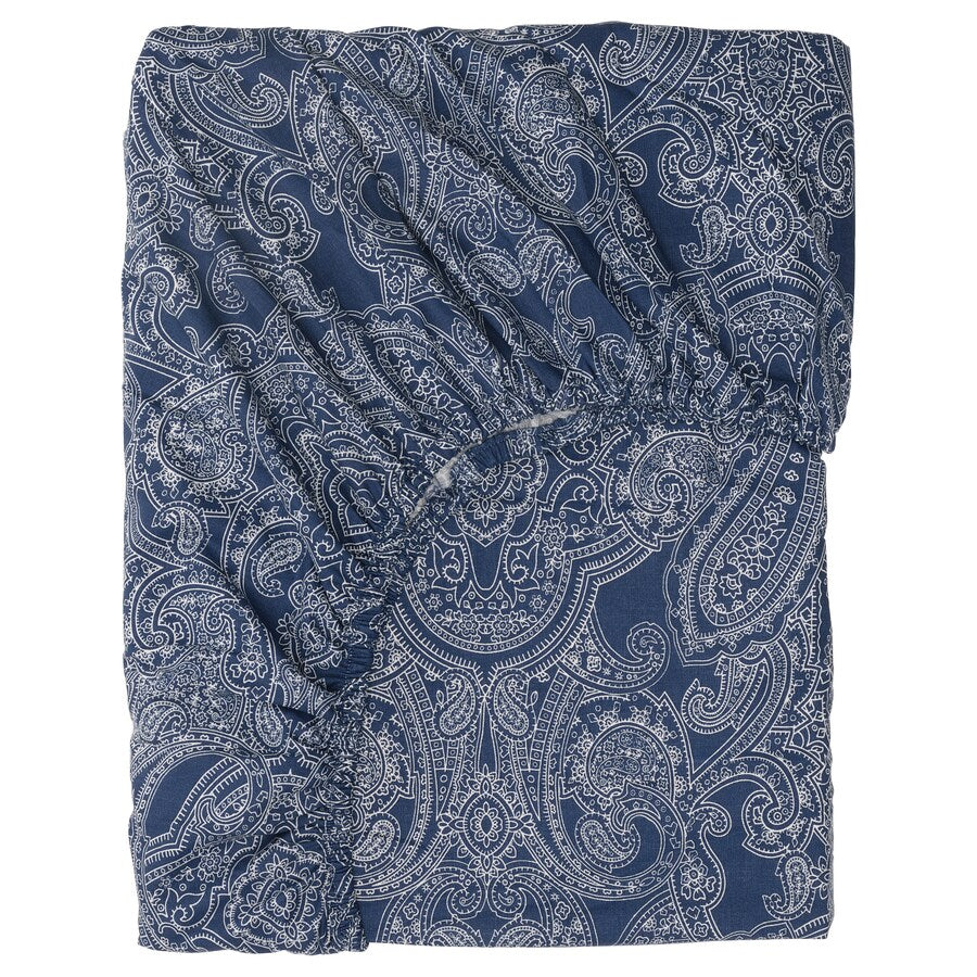 JATTEVALLMO Fitted sheet, dark blue/white, 180x200 cm KING