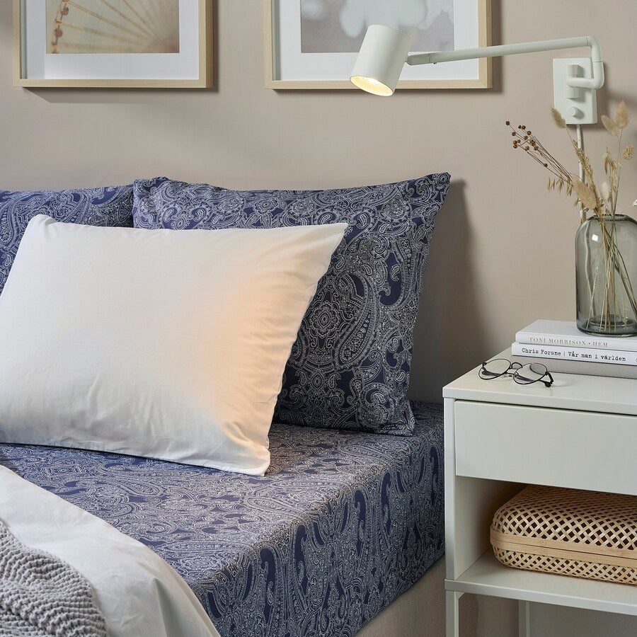 JATTEVALLMO Fitted sheet, dark blue/white, 180x200 cm KING