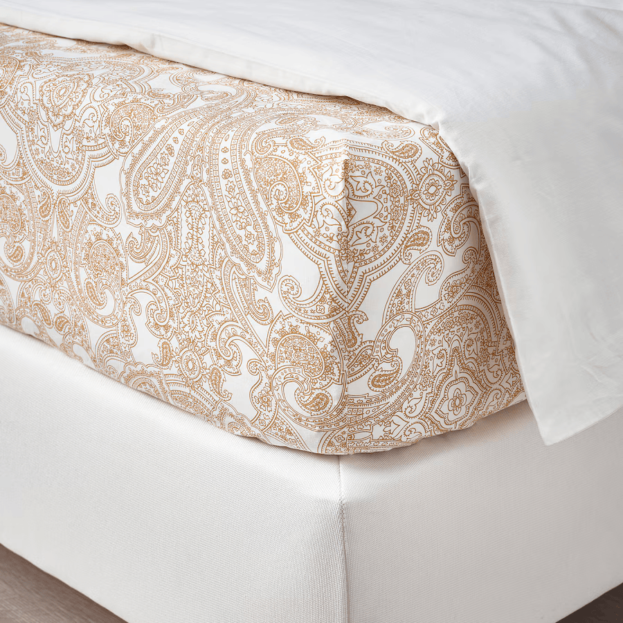 JATTEVALLMO Fitted sheet, yellow/white, 180x200 cm KING