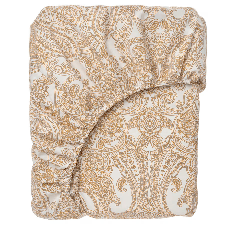 JATTEVALLMO Fitted sheet, yellow/white, 180x200 cm KING
