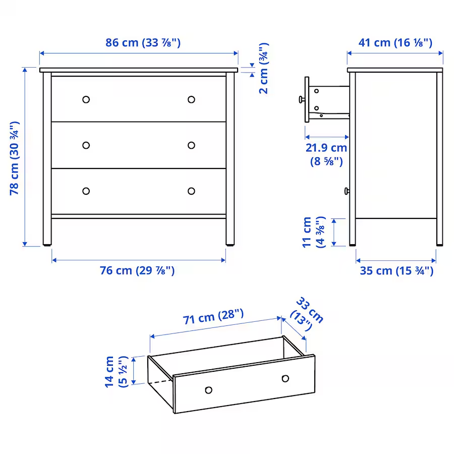 KILBERGET Chest of 3 drawers, white/anchor/unlock-function, 86x78 cm
