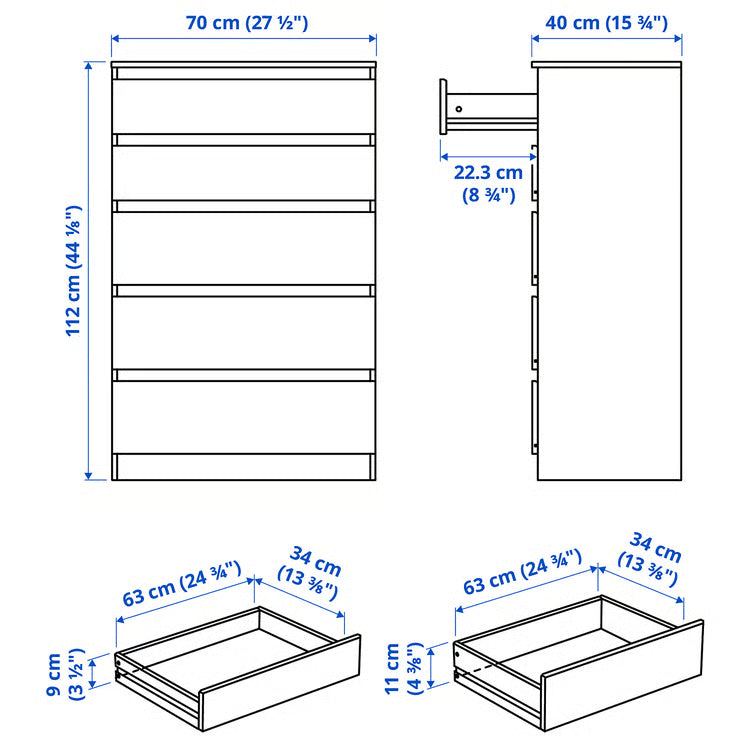 KULLEN Chest of 5 drawers, black, 70x112 cm