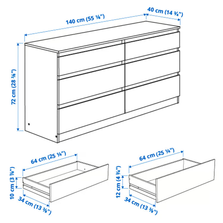 KULLEN Chest of 6 drawers, black, 140x72 cm