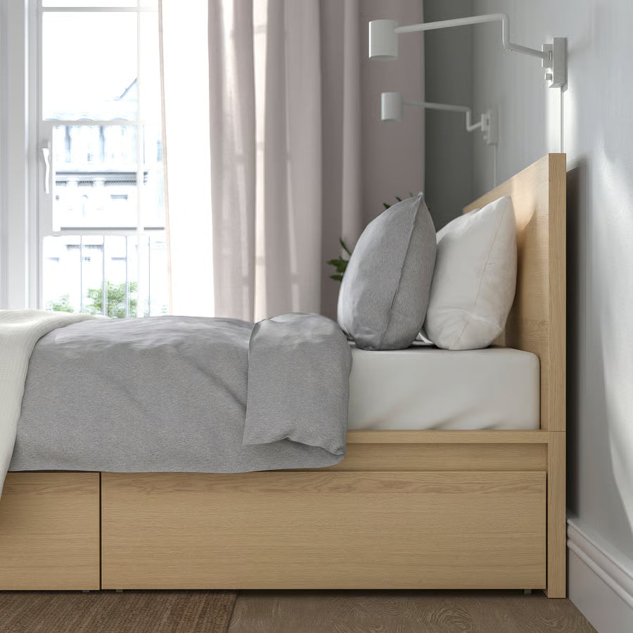 MALM Bed frame, high, w 2 storage boxes, white stained oak veneer, 150x200 cm