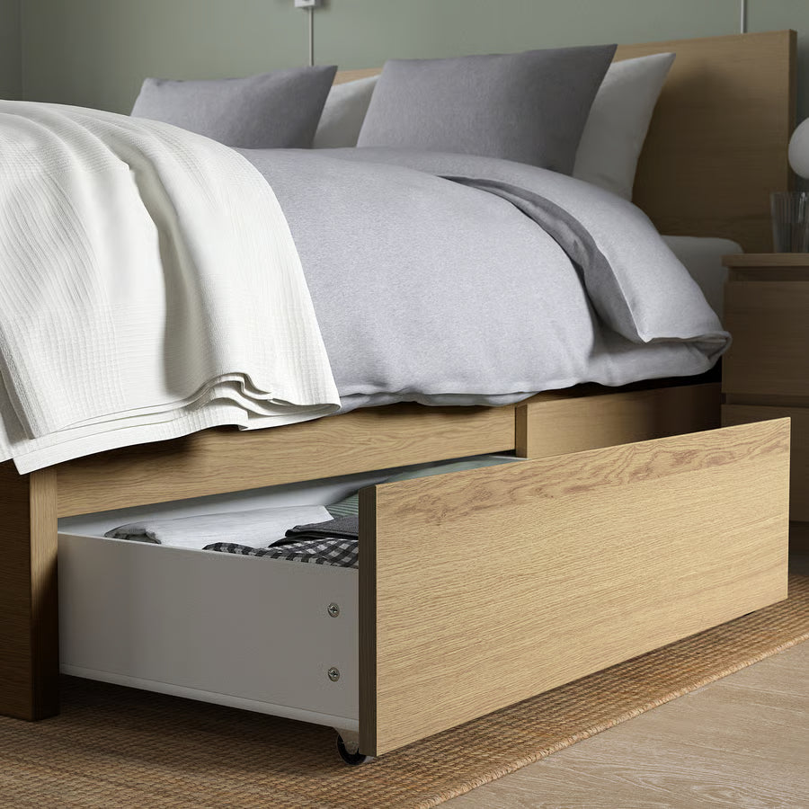 MALM Bed frame, high, w 2 storage boxes, white stained oak veneer, 150x200 cm