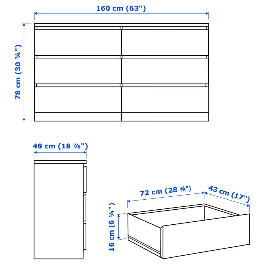 MALM Chest of 6 drawers, white stained oak veneer, 160x78 cm
