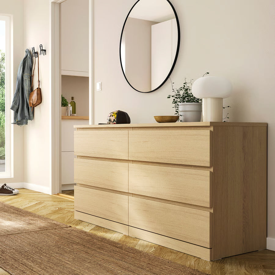 MALM Chest of 6 drawers, white stained oak veneer, 160x78 cm