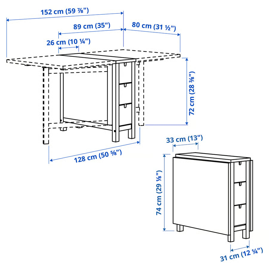 NORDEN gateleg table, birch, 26/89/152x80 cm