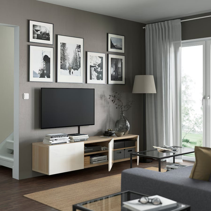 BESTA TV bench with doors, white/Selsviken high-gloss/white, 180x42x38 cm