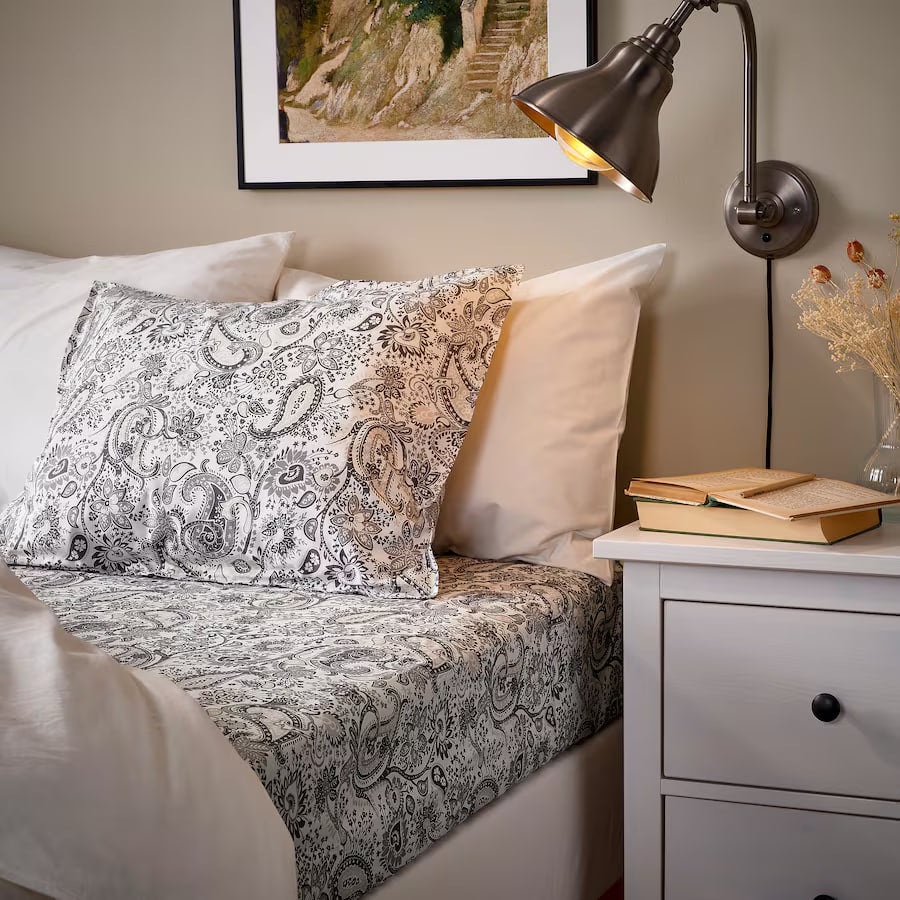 RODGERSIA Fitted sheet, grey/white, 180x200 cm KING