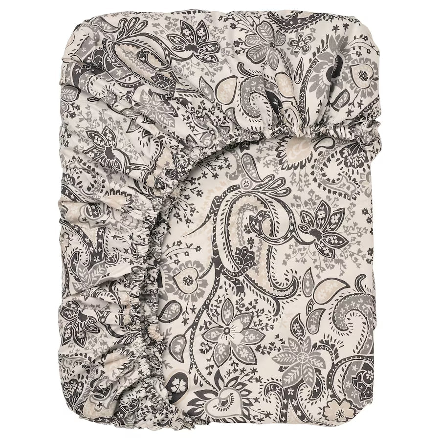 RODGERSIA Fitted sheet, grey/white, 90x200 cm SINGLE