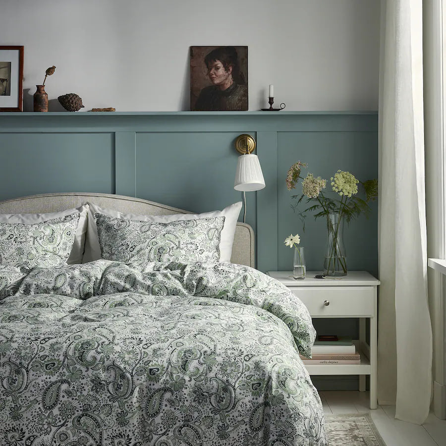 RODGERSIA Duvet cover and 2 pillowcases, green/white, 200x200/50x80 cm
