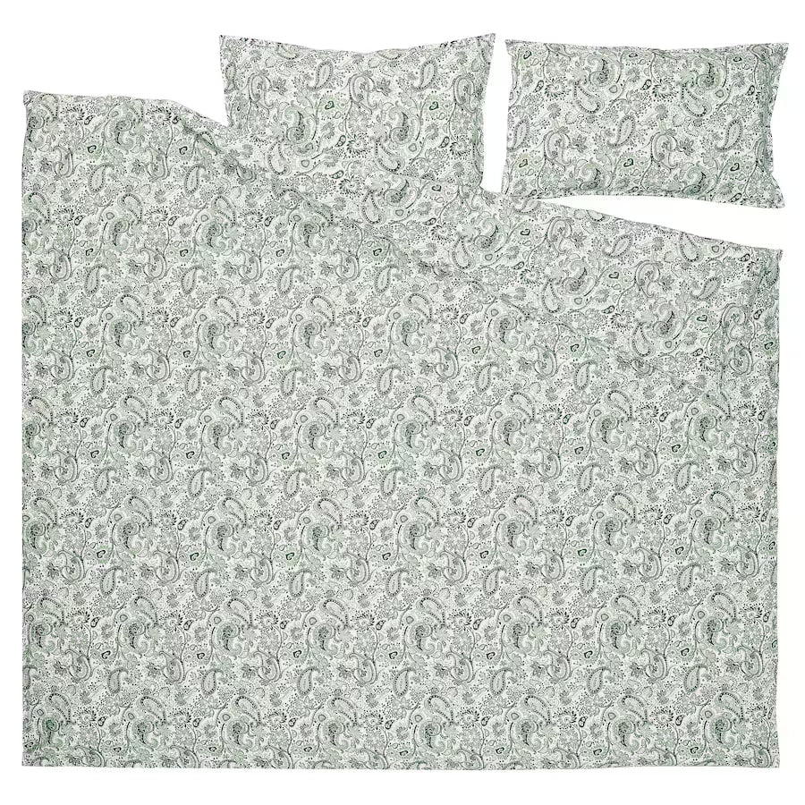 RODGERSIA Duvet cover and 2 pillowcases, green/white, 200x200/50x80 cm