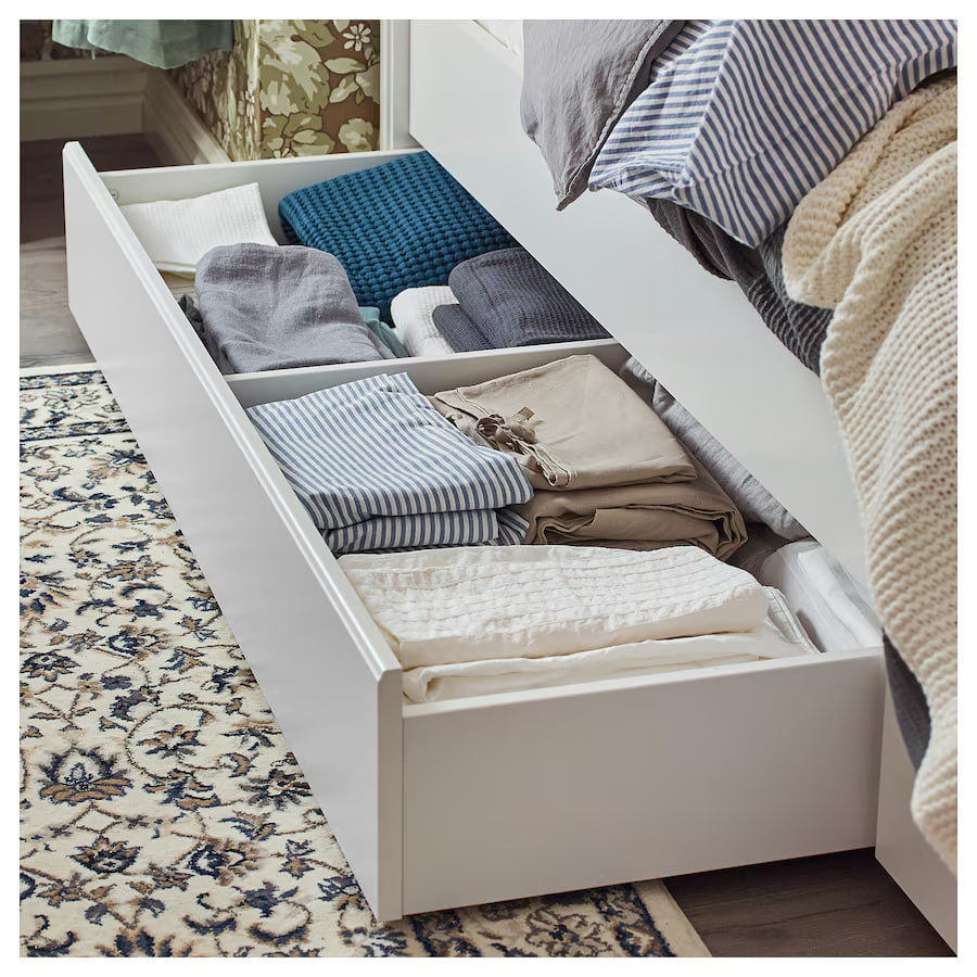 SONGESAND Bed frame with 2 storage boxes, white, 150x200 cm
