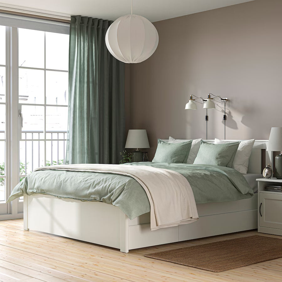 SONGESAND Bed frame with 2 storage boxes, white, 150x200 cm