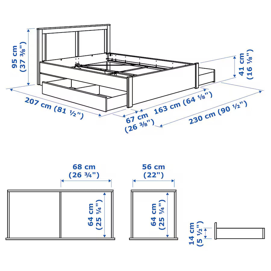 SONGESAND Bed frame with 2 storage boxes, white, 150x200 cm