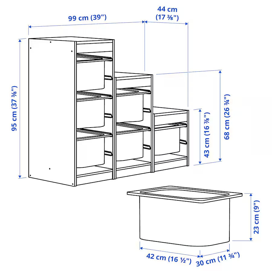 TROFAST Storage combination with boxes, grey/white, 99x44x95 cm