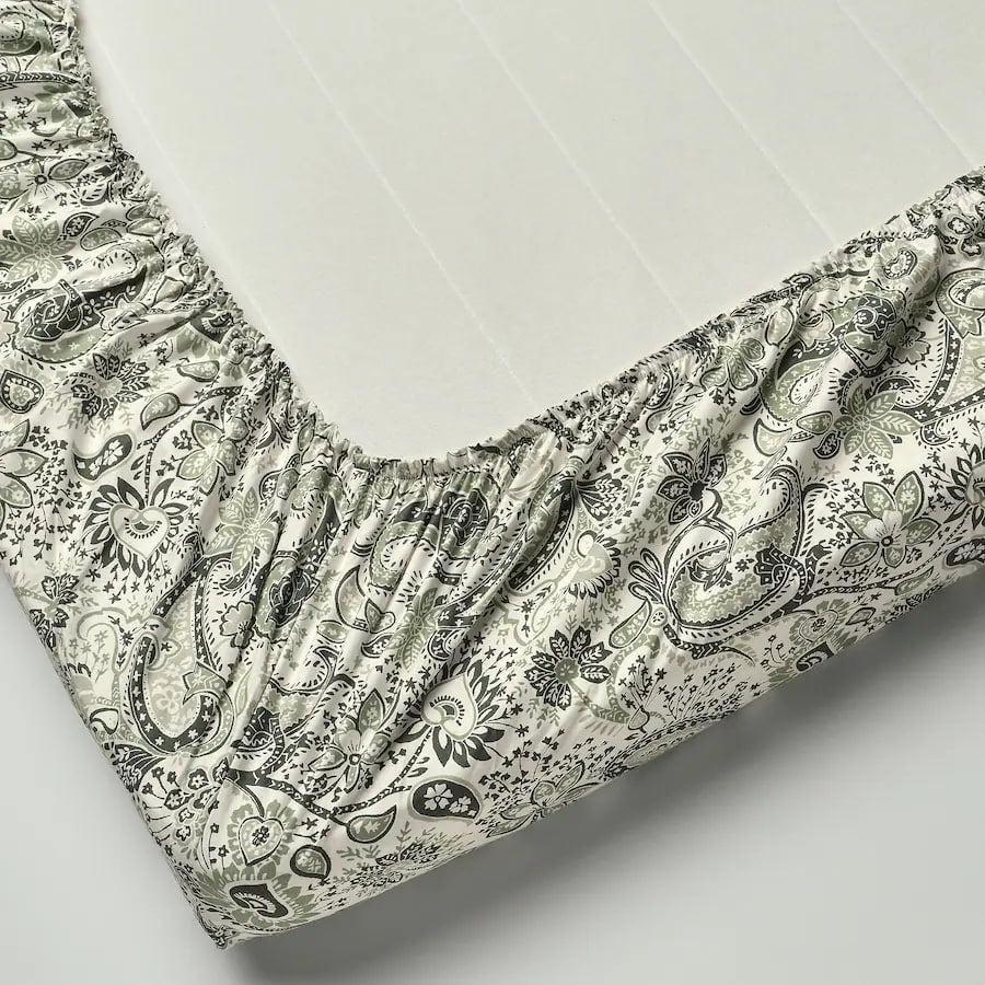 RODGERSIA Fitted sheet, green/white, 180x200 cm KING