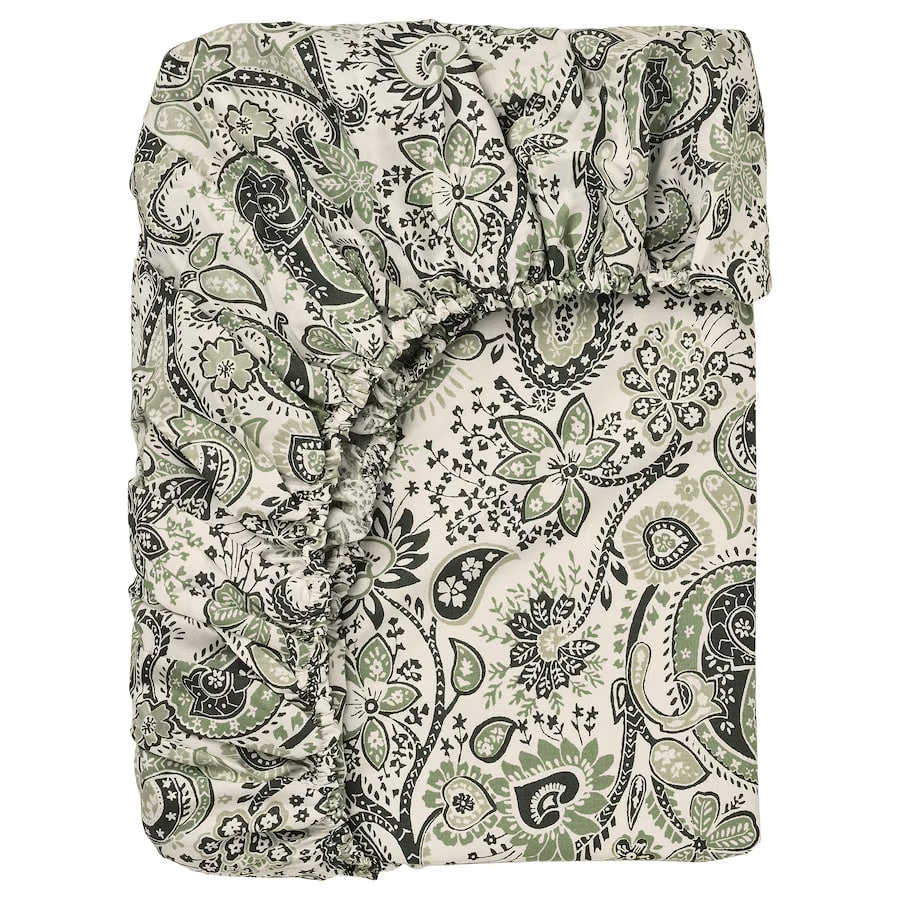 RODGERSIA Fitted sheet, green/white, 90x200 cm SINGLE