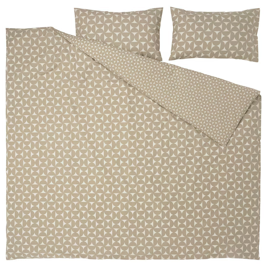 ANGSNEJLIKA Duvet cover and 2 pillowcases, grey-beige/off-white, 200x200/50x80 cm