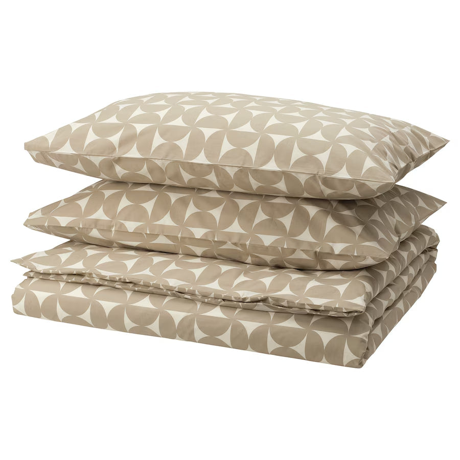 ANGSNEJLIKA Duvet cover and 2 pillowcases, grey-beige/off-white, 200x200/50x80 cm