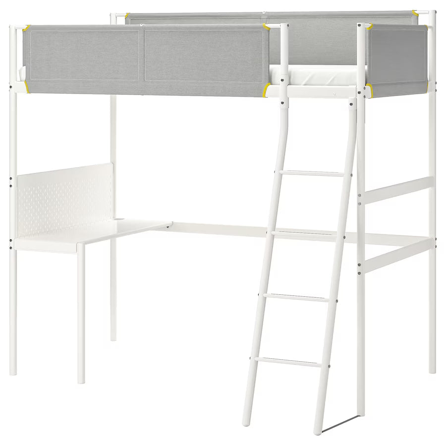 VITVAL Loft bed frame with desk top, white/light grey, 90x200 cm