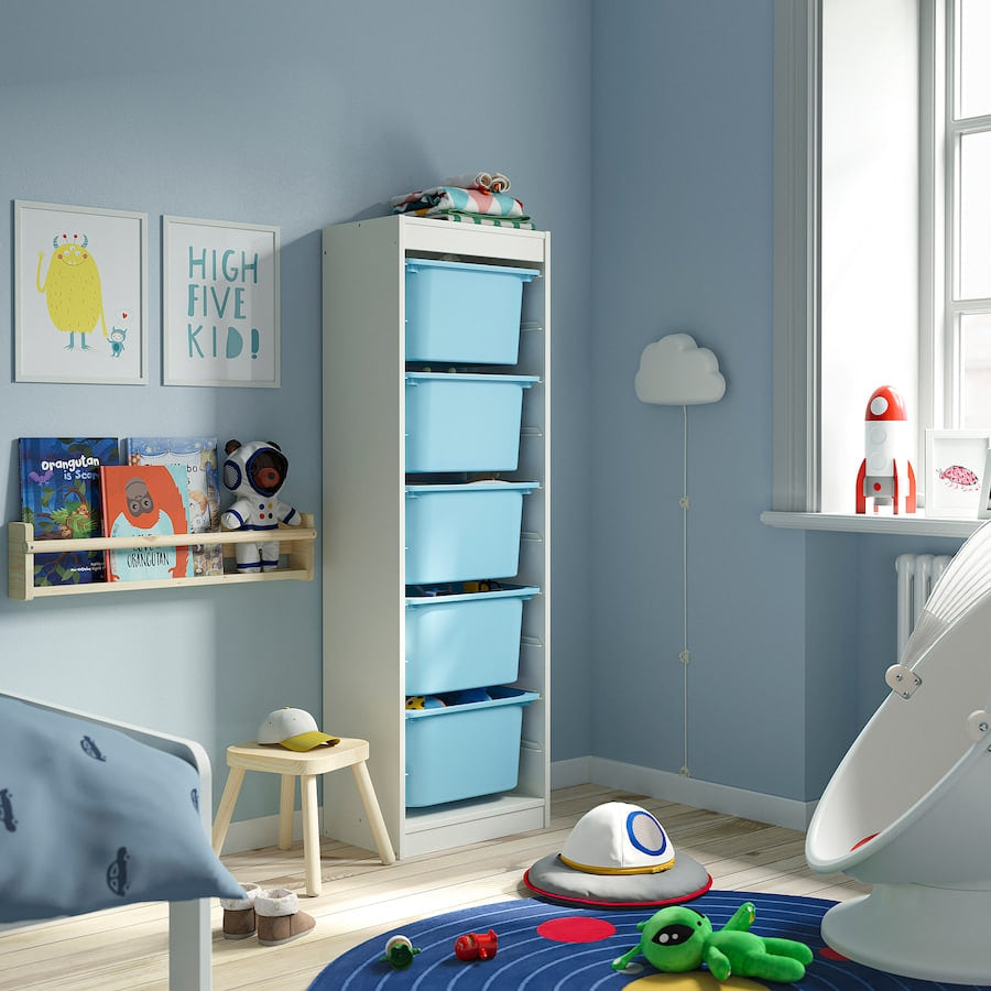 TROFAST Storage combination with boxes, white/light blue, 46x30x146 cm