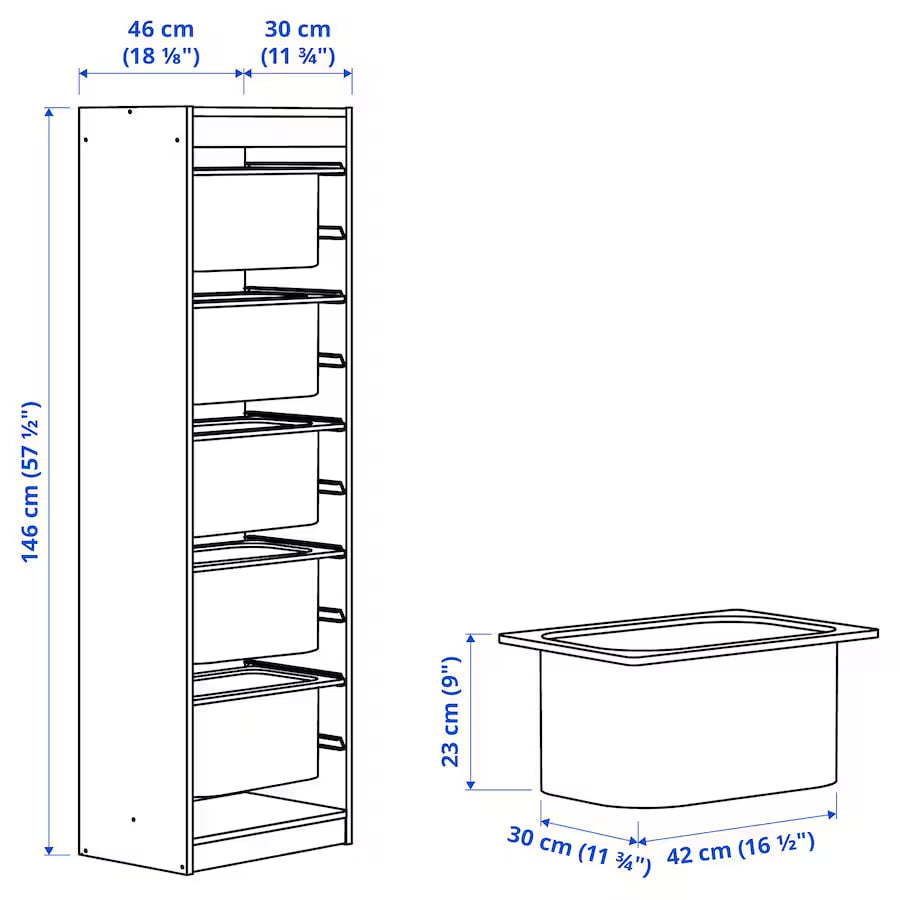 TROFAST Storage combination with boxes, white/light blue, 46x30x146 cm
