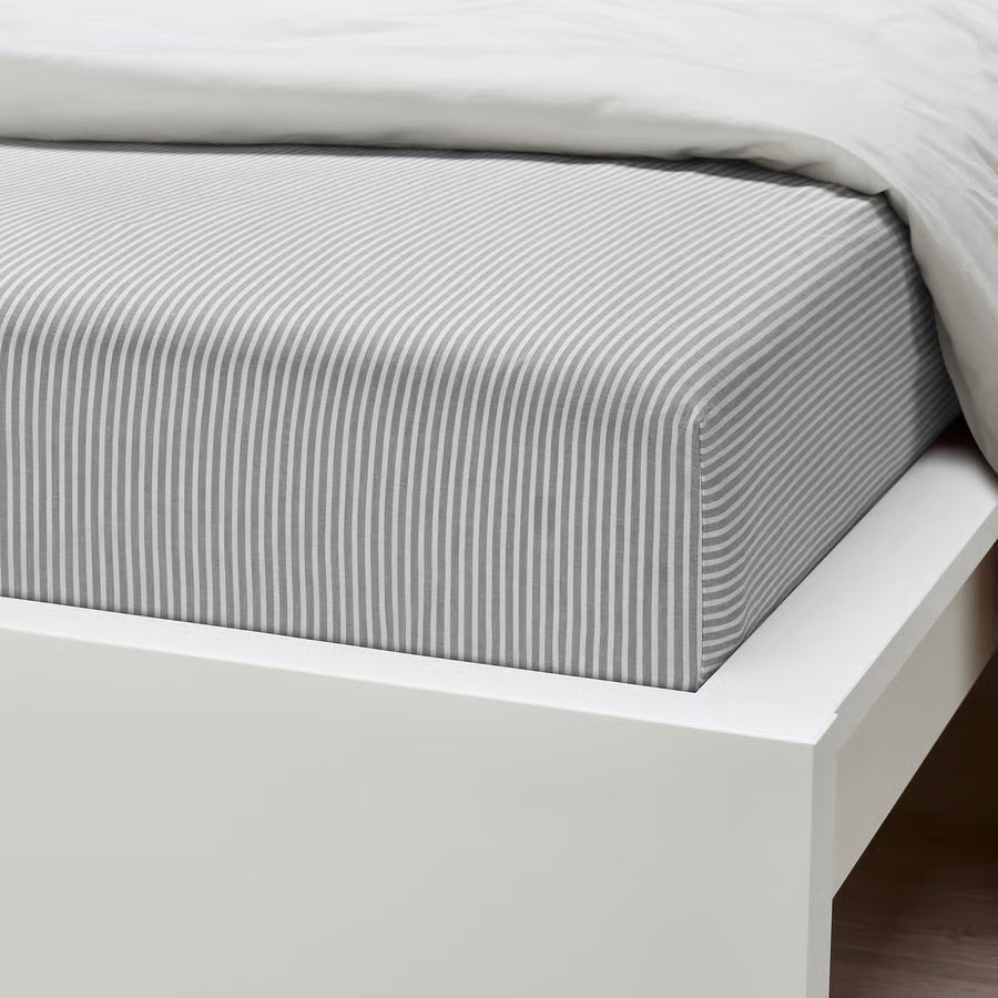 SOLFIBBLA fitted sheet, grey white/stripe, 90x200 cm