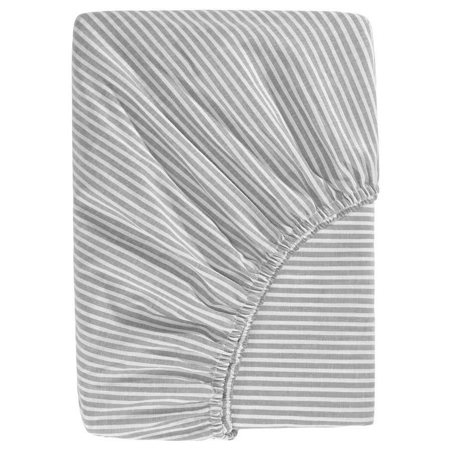 SOLFIBBLA fitted sheet, grey white/stripe, 150x200 cm