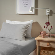 SOLFIBBLA fitted sheet, grey white/stripe, 150x200 cm