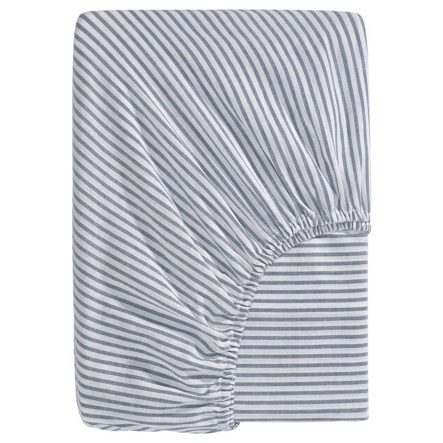 SOLFIBBLA fitted sheet, white blue/stripe, 150x200 cm