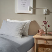 SOLFIBBLA fitted sheet, white blue/stripe, 150x200 cm