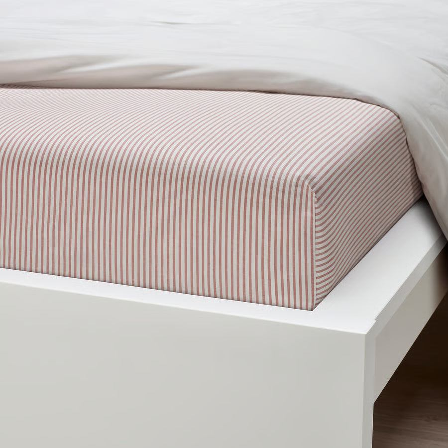SOLFIBBLA fitted sheet, white red/stripe, 150x200 cm