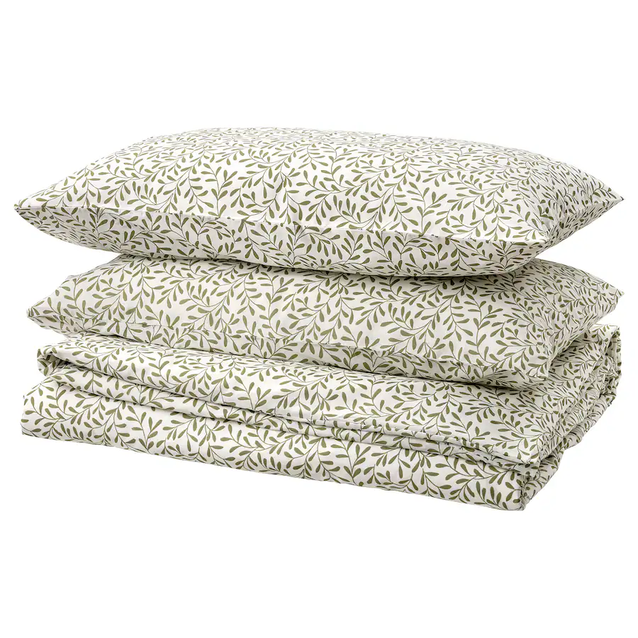 SORGMANTEL duvet cover and 2 pillowcases, white/green, 200x200/50x80 cm
