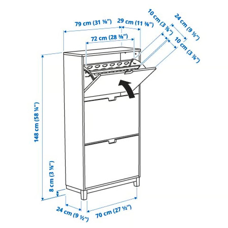 STALL Shoe cabinet with 3 compartments, white, 79x29x148 cm