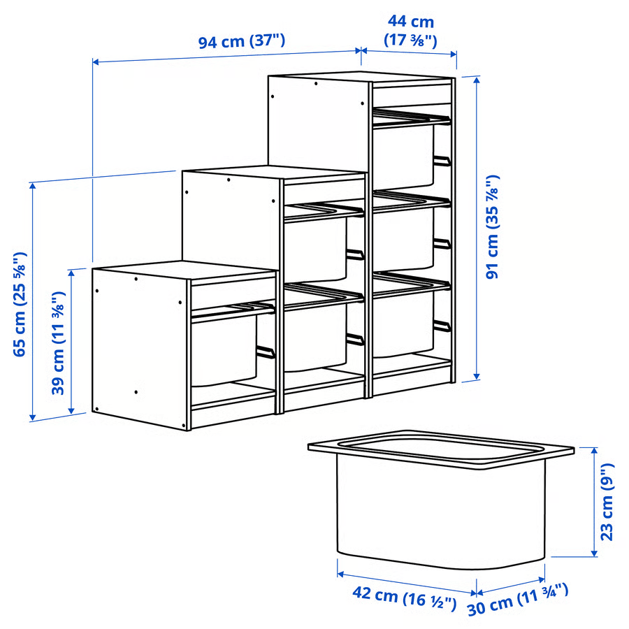 TROFAST Storage combination with boxes, pine/white, 94x44x91 cm